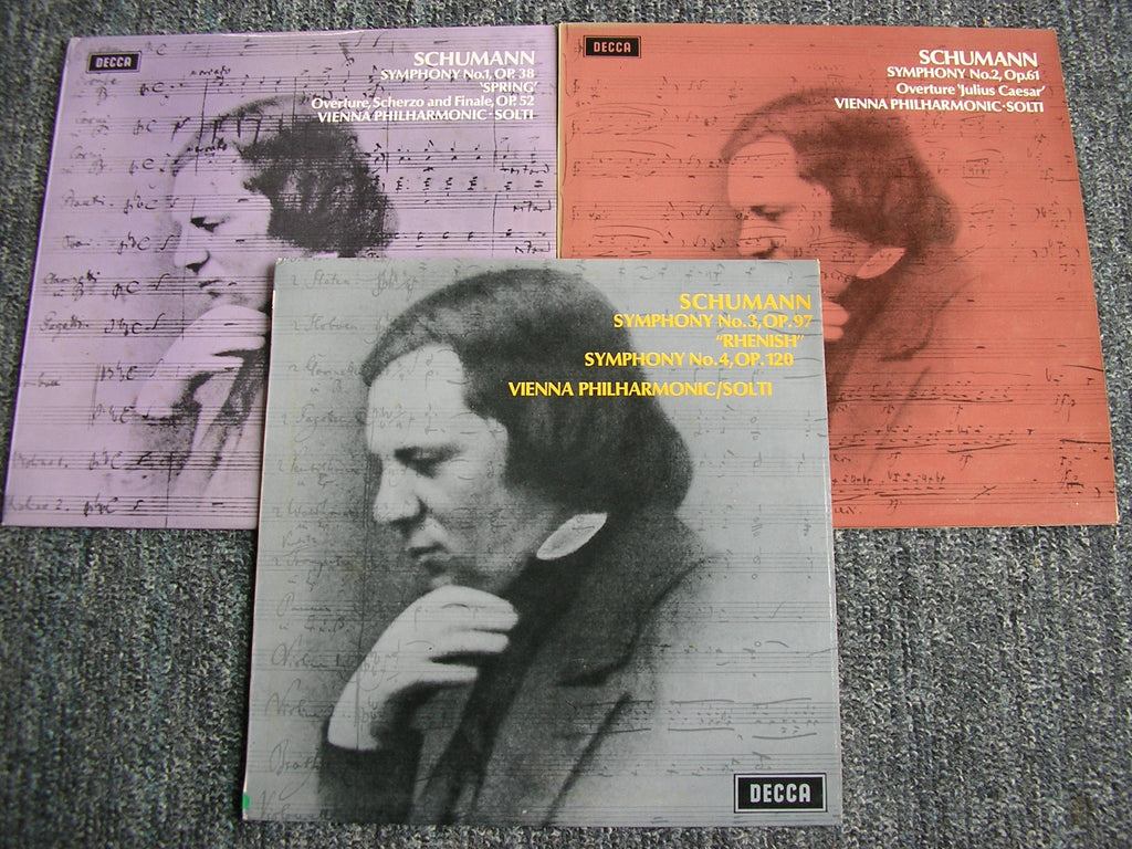 SCHUMANN: THE SYMPHONIES / OVERTURE, SCHERZO & FINALE / OVERTURE Julius Caesar   SOLTI / VIENNA PHILHARMONIC  Decca 3 LP