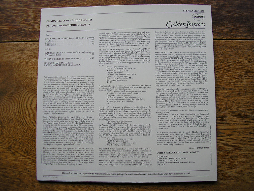 PISTON: THE INCREDIBLE FLUTIST / CHADWICK: SYMPHONIC SKETCHES  HOWARD HANSON / EASTMAN - ROCHESTER   SRI 75050