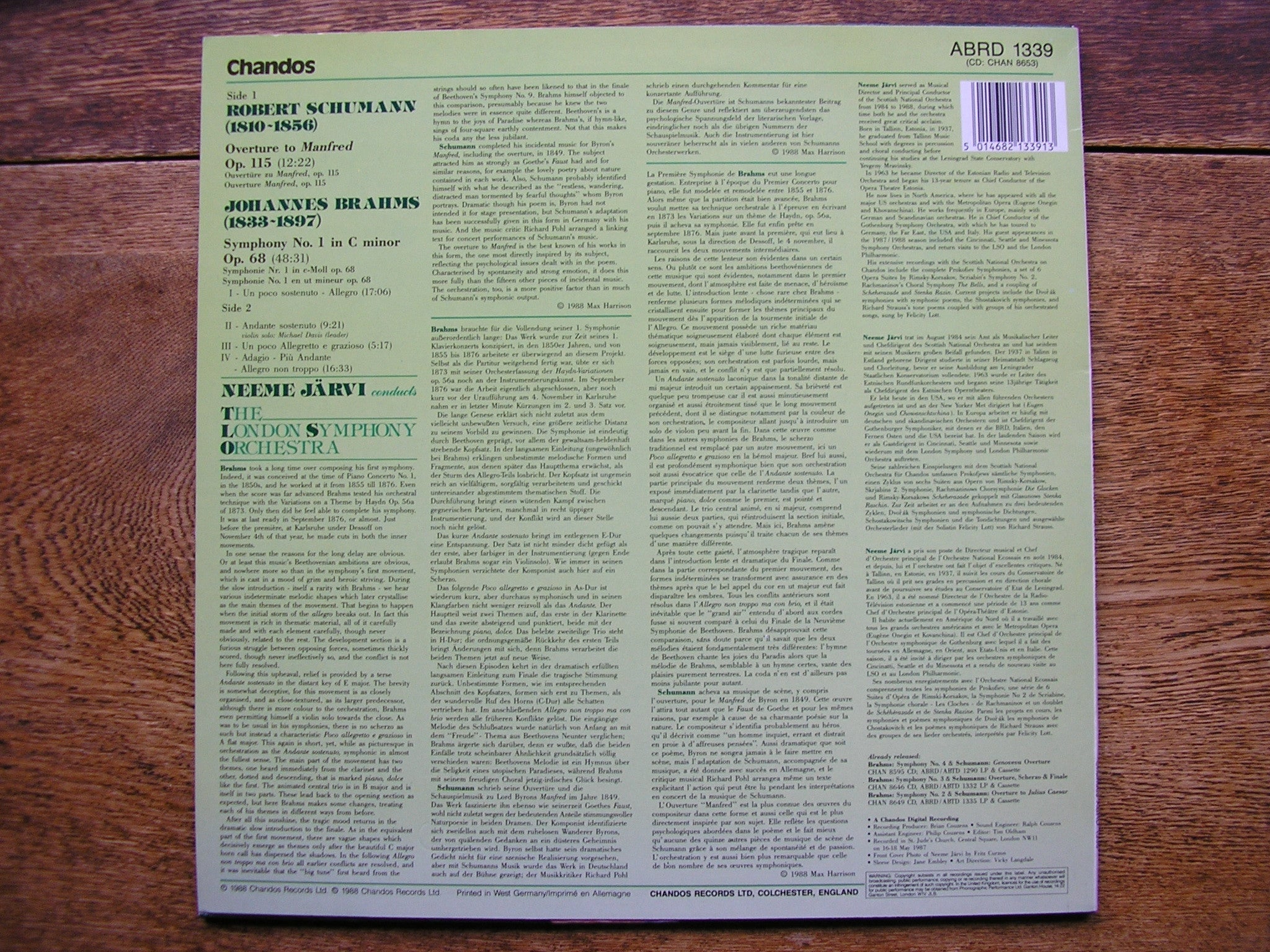BRAHMS: THE FOUR SYMPHONIES / SCHUMANN: OVERTURES    JARVI / LONDON  SYMPHONY ORCHESTRA   CHANDOS 4 LP