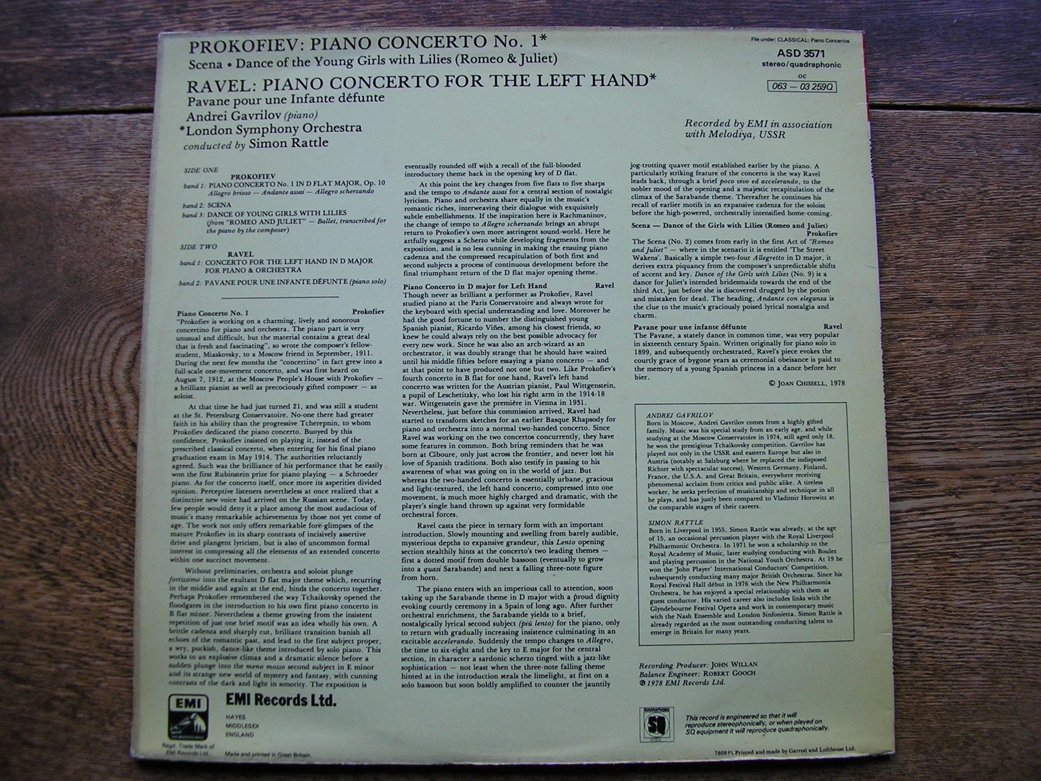 RAVEL: CONCERTO FOR THE LEFT HAND / PROKOFIEV: PIANO CONCERTO No. 1  GAVRILOV / LONDON SYMPHONY / RATTLE   ASD 3571