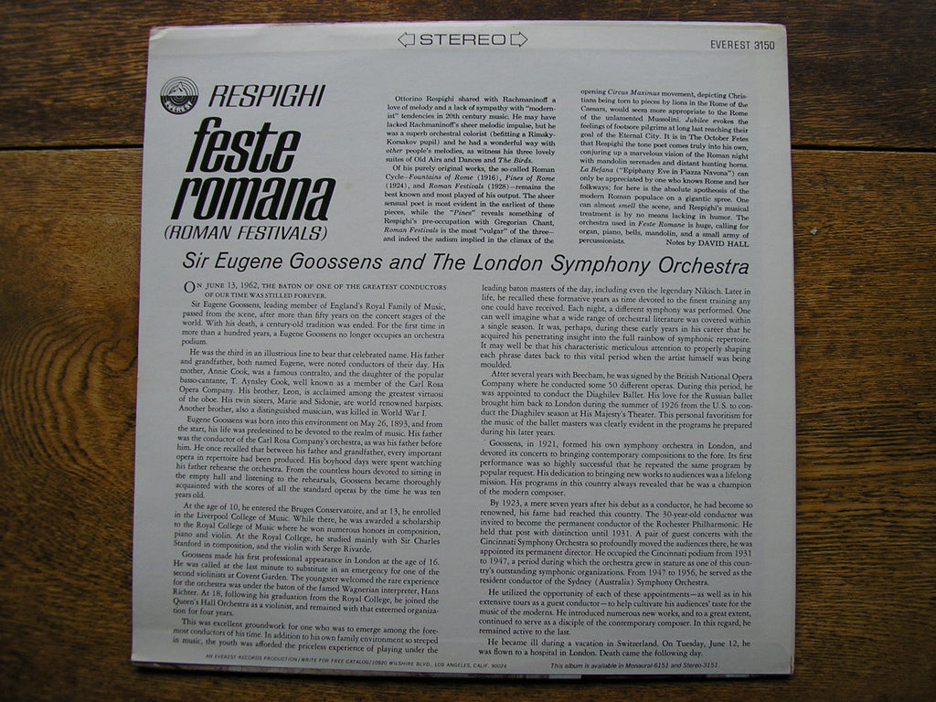 RESPIGHI: FESTE ROMANE   GOOSSENS / LONDON SYMPHONY  EVEREST 3150