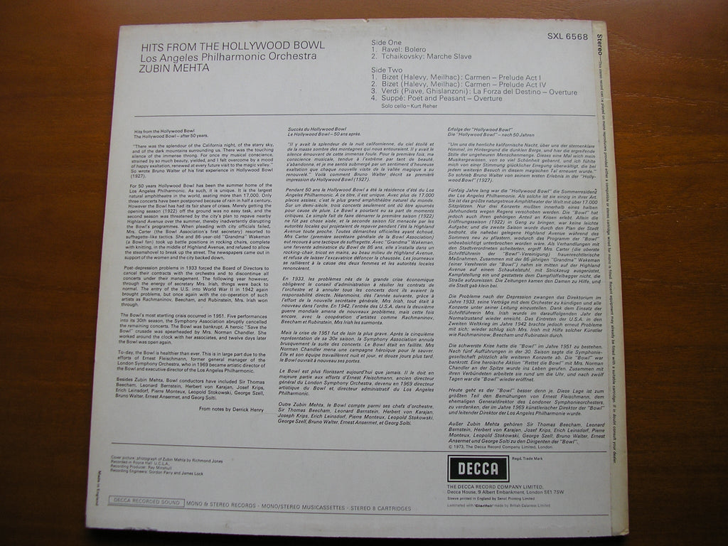 SXL 6568 HITS FROM THE HOLLYWOOD BOWL: RAVEL / TCHAIKOVSKY / SUPPE / VERDI / BIZET MEHTA / LOS ANGELES PHILHARMONIC