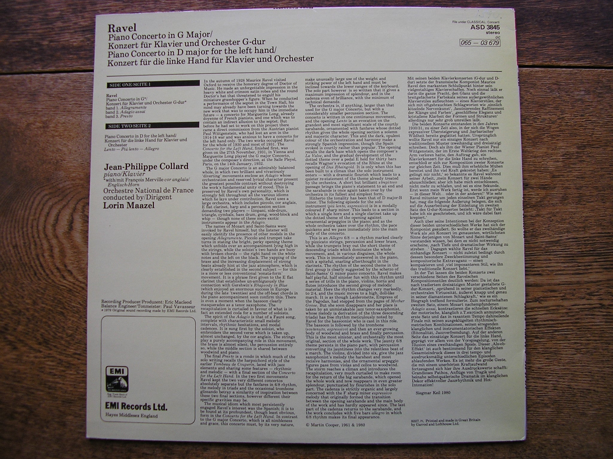 RAVEL: PIANO CONCERTOS  COLLARD / FRENCH NATIONAL ORCHESTRA / MAAZEL   ASD 3845