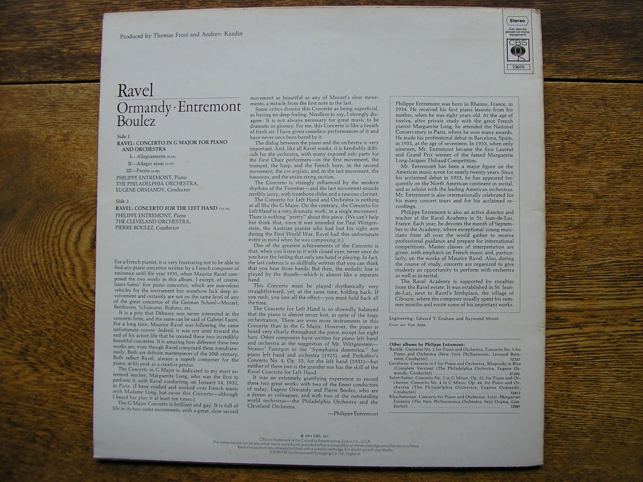 RAVEL: THE PIANO CONCERTOS  ENTREMONT / PHILADELPHIA / ORMANDY / CLEVELAND / BOULEZ   73070