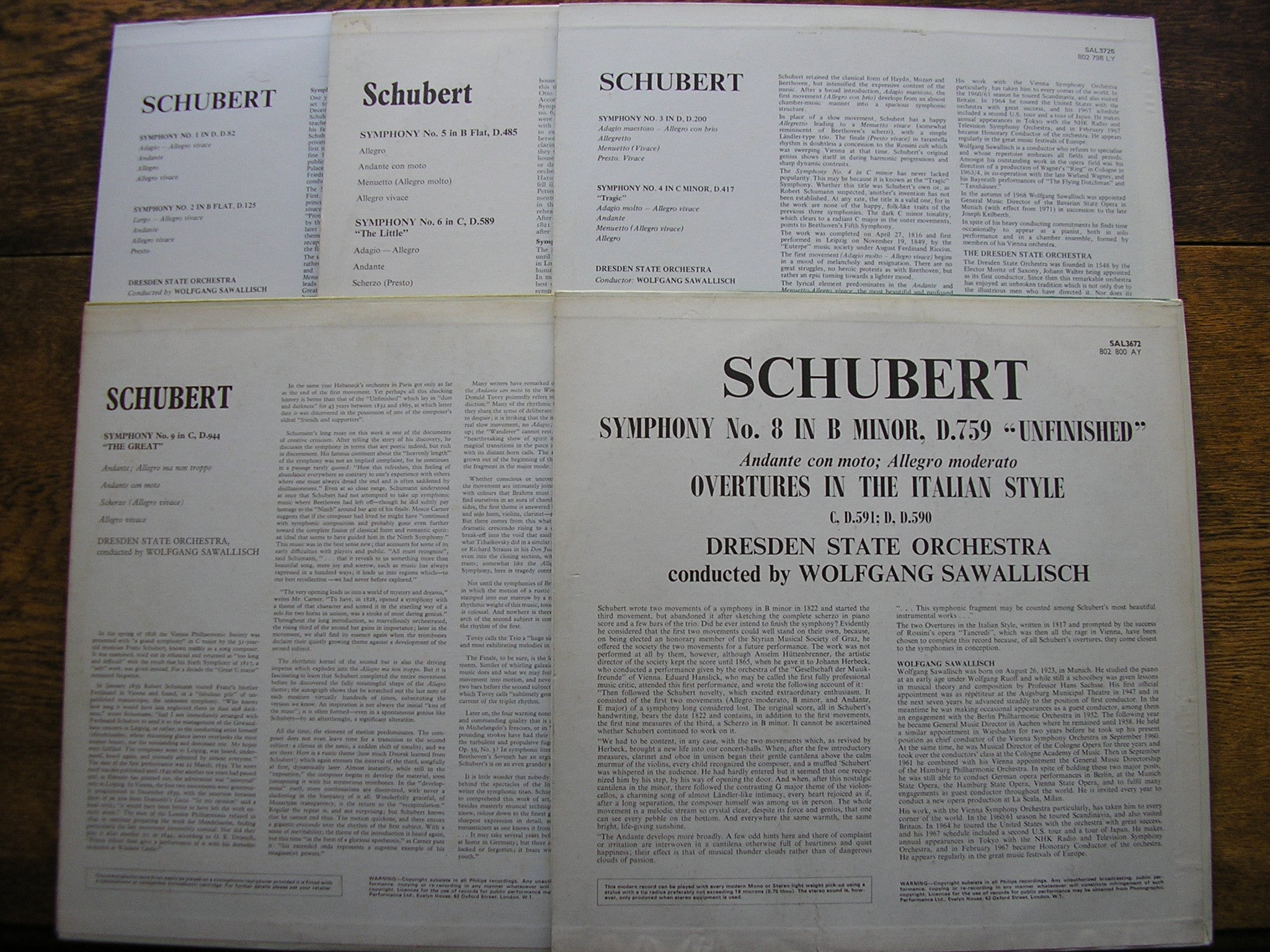 SCHUBERT: THE SYMPHONIES / TWO OVERTURES    SAWALLISCH / DRESDEN STATE ORCHESTRA   PHILIPS 5 LP