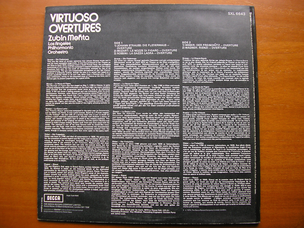 SXL 6643 VIRTUOSO OVERTURES: WAGNER / WEBER / ROSSINI / MOZART / STRAUSS MEHTA / LOS ANGELES PHILHARMONIC