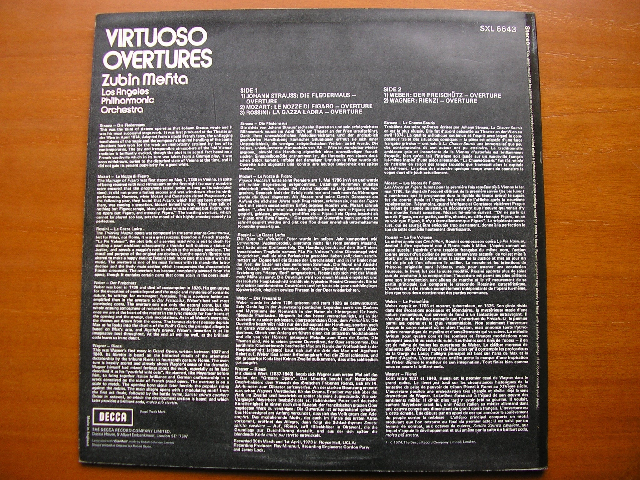 SXL 6643 VIRTUOSO OVERTURES: WAGNER / WEBER / ROSSINI / MOZART / STRAUSS MEHTA / LOS ANGELES PHILHARMONIC