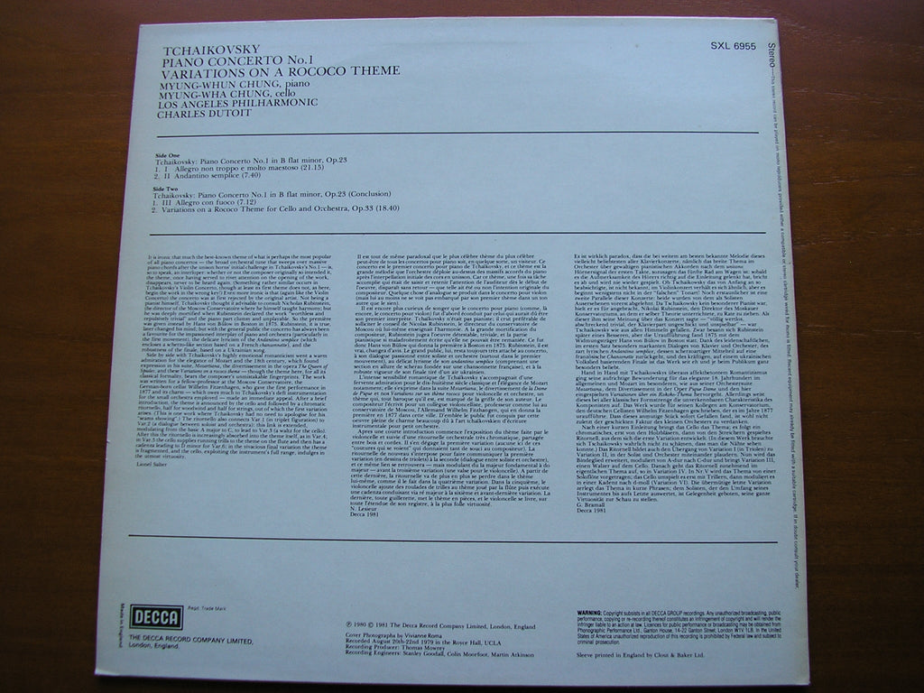 SXL 6955 TCHAIKOVSKY: PIANO CONCERTO No. 1 / VIOLIN CONCERTO MYUNG-WHUN CHUNG / MYUNG-WHA CHUNG / LAPO / DUTOIT