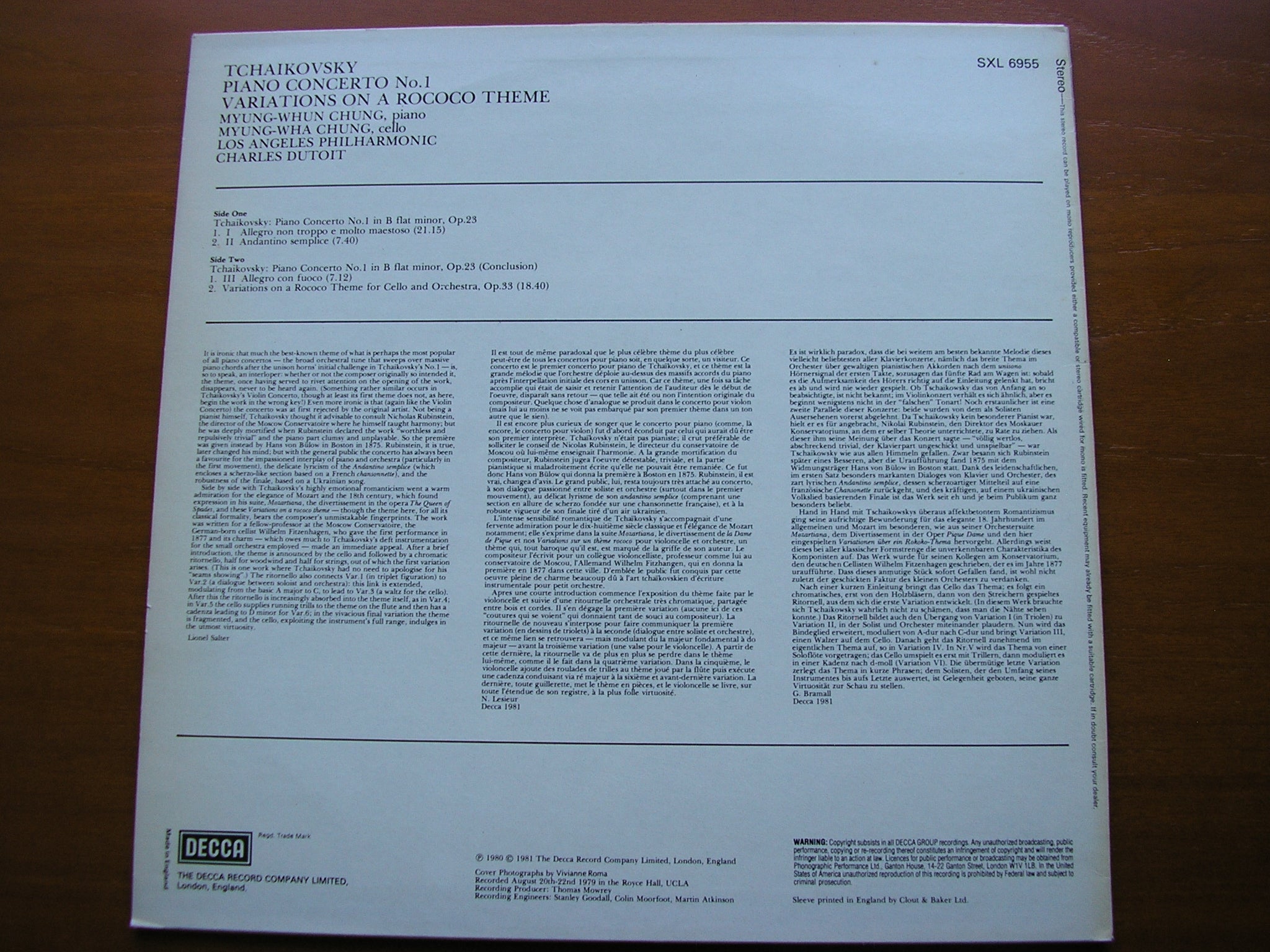 SXL 6955 TCHAIKOVSKY: PIANO CONCERTO No. 1 / VIOLIN CONCERTO MYUNG-WHUN CHUNG / MYUNG-WHA CHUNG / LAPO / DUTOIT