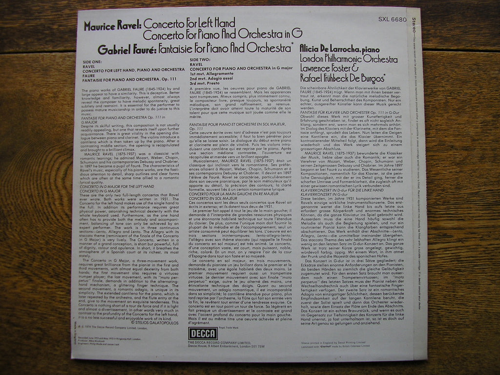 SXL 6680 RAVEL: PIANO CONCERTOS / FAURE: FANTAISIE DE LARROCHA / LONDON PHILHARMONIC / FOSTER / DE BURGOS