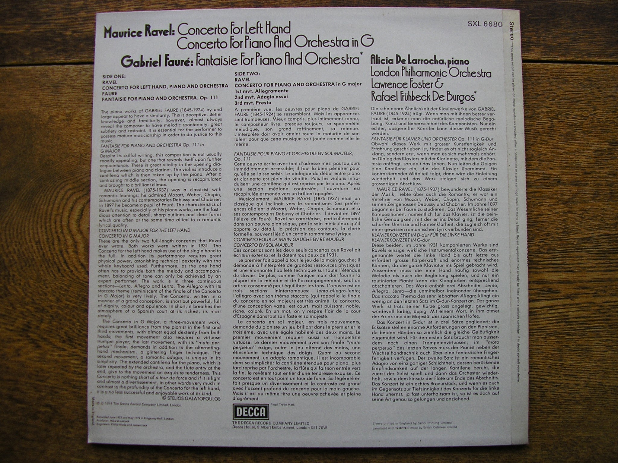 SXL 6680 RAVEL: PIANO CONCERTOS / FAURE: FANTAISIE DE LARROCHA / LONDON PHILHARMONIC / FOSTER / DE BURGOS