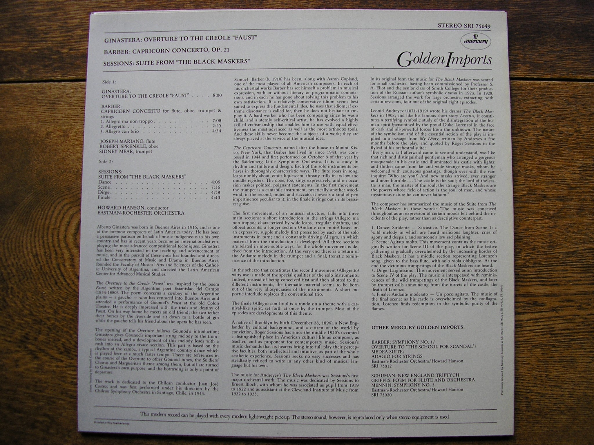BARBER: CAPRICORN CONCERTO / GINASTERA: OVERTURE / SESSIONS: SUITE  HOWARD HANSON / EASTMAN - ROCHESTER   SRI 75049