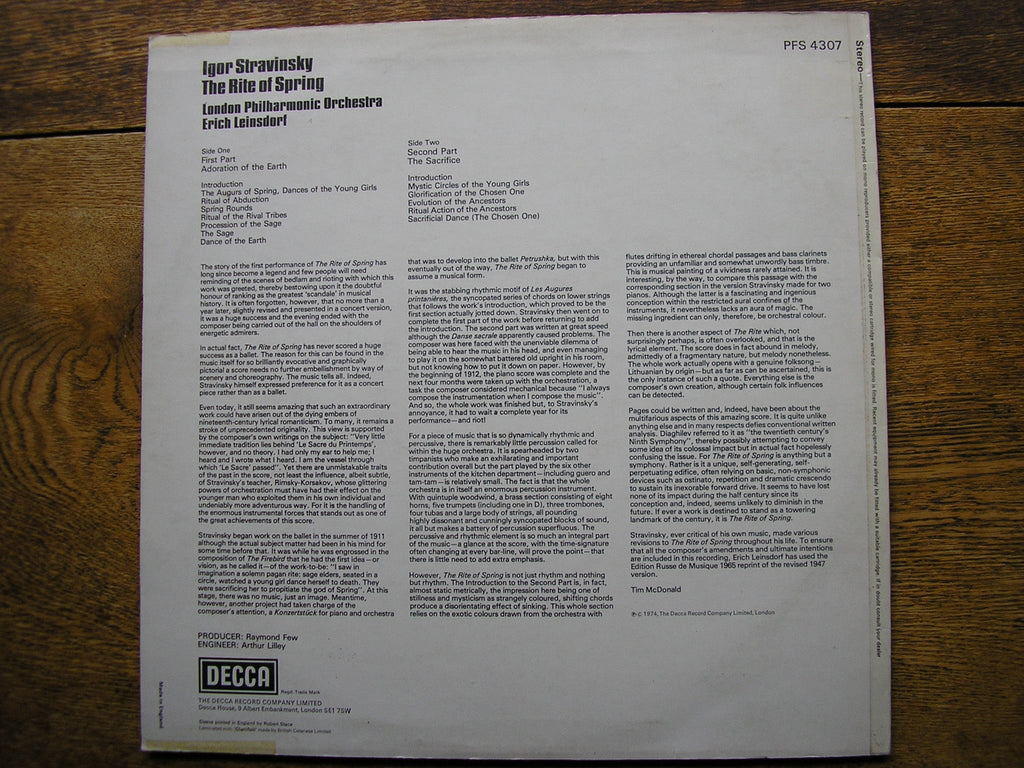 STRAVINSKY: THE RITE OF SPRING  LEINSDORF / LONDON PHILHARMONIC   PFS 4307