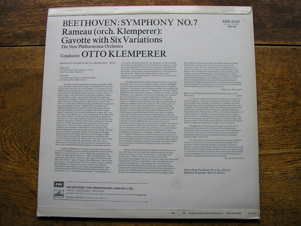 BEETHOVEN: SYMPHONY No. 7 / KLEMPERER: RAMEAU VARIATIONS   OTTO KLEMPERER / NEW PHILHARMONIA   ASD 2537