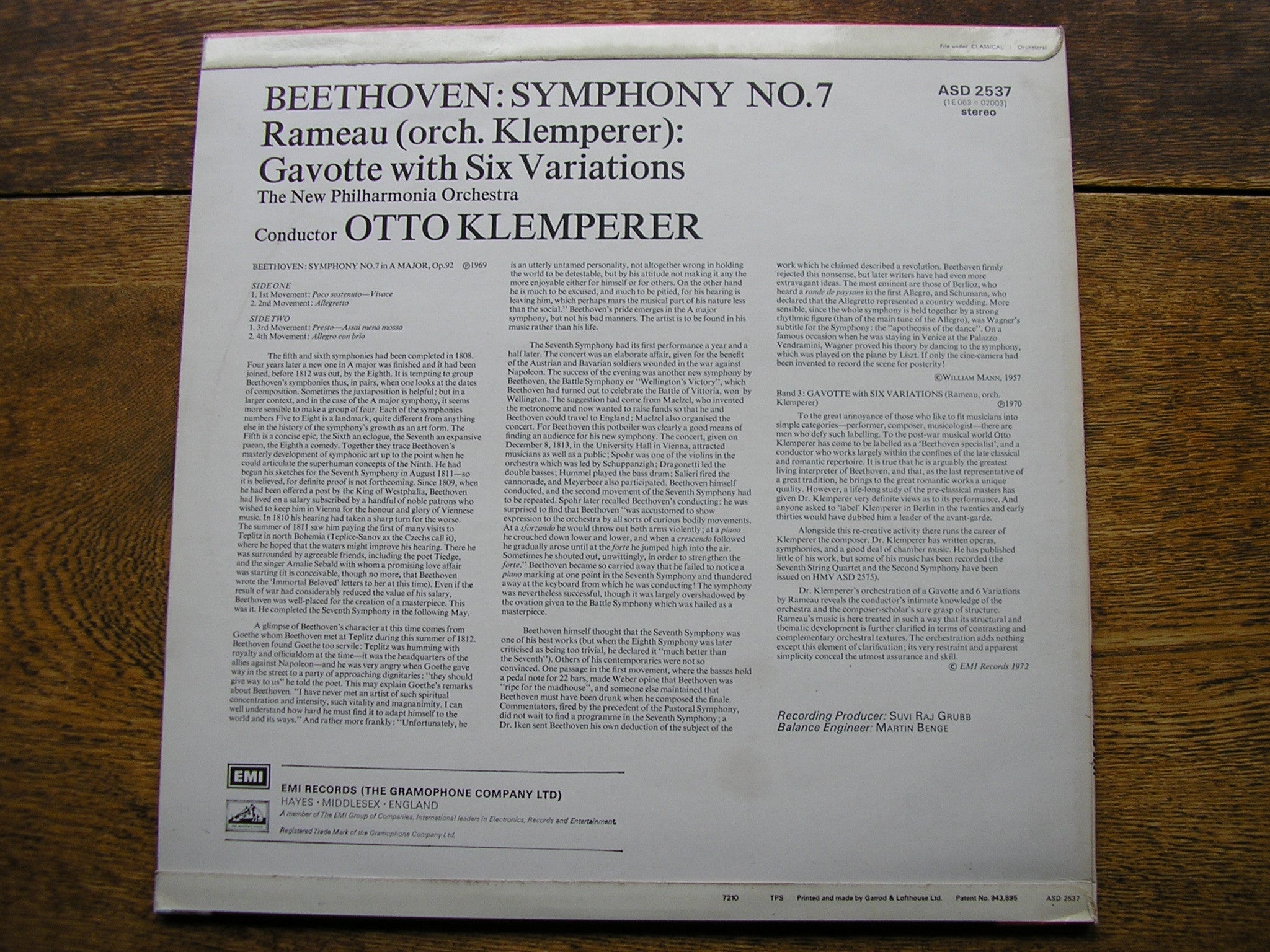 BEETHOVEN: SYMPHONY No. 7 / KLEMPERER: RAMEAU VARIATIONS   OTTO KLEMPERER / NEW PHILHARMONIA   ASD 2537