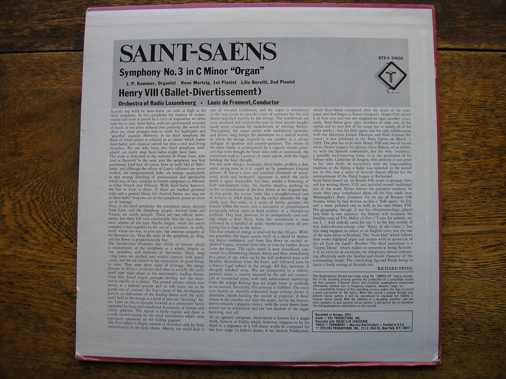 SAINT - SAENS: SYMPHONY No. 3 / 'HENRY VIII' Ballet-Divertissement    FROMENT / RADIO LUXEMBOURG ORCHESTRA   QTV-S 34600