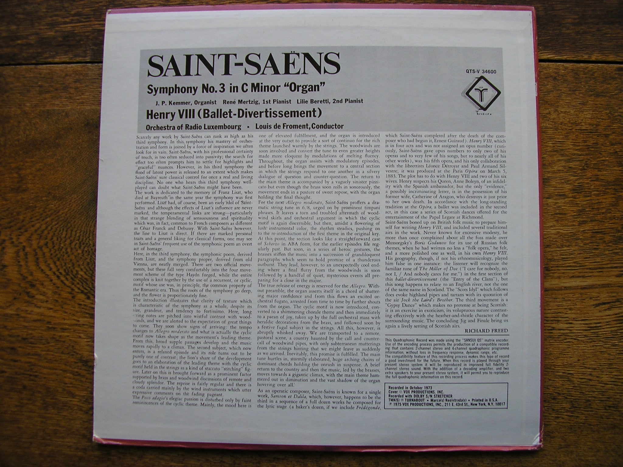 SAINT - SAENS: SYMPHONY No. 3 / 'HENRY VIII' Ballet-Divertissement    FROMENT / RADIO LUXEMBOURG ORCHESTRA   QTV-S 34600