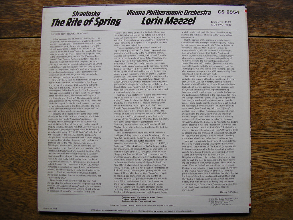 STRAVINSKY: THE RITE OF SPRING  MAAZEL / VIENNA PHILHARMONIC  CS 6954