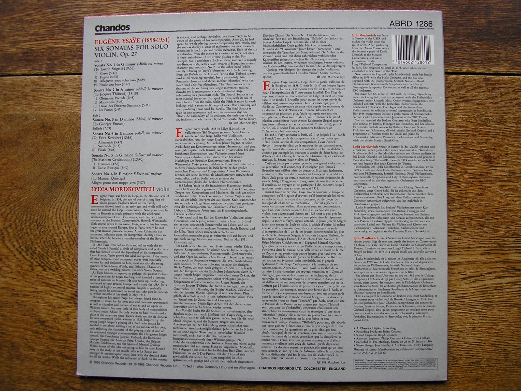YSAYE: SIX SONATAS FOR SOLO VIOLIN   LYDIA MORDKOVITCH   ABRD1286
