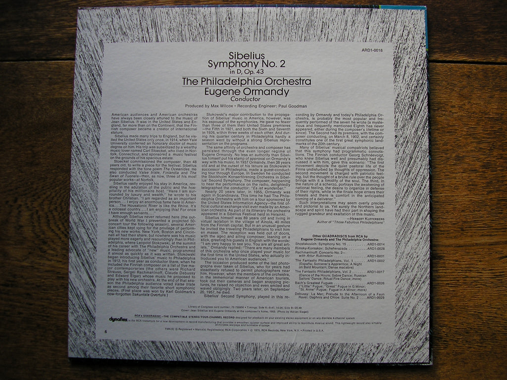 SIBELIUS: SYMPHONY No. 2  ORMANDY / PHILADELPHIA ORCHESTRA  ARD1-0018