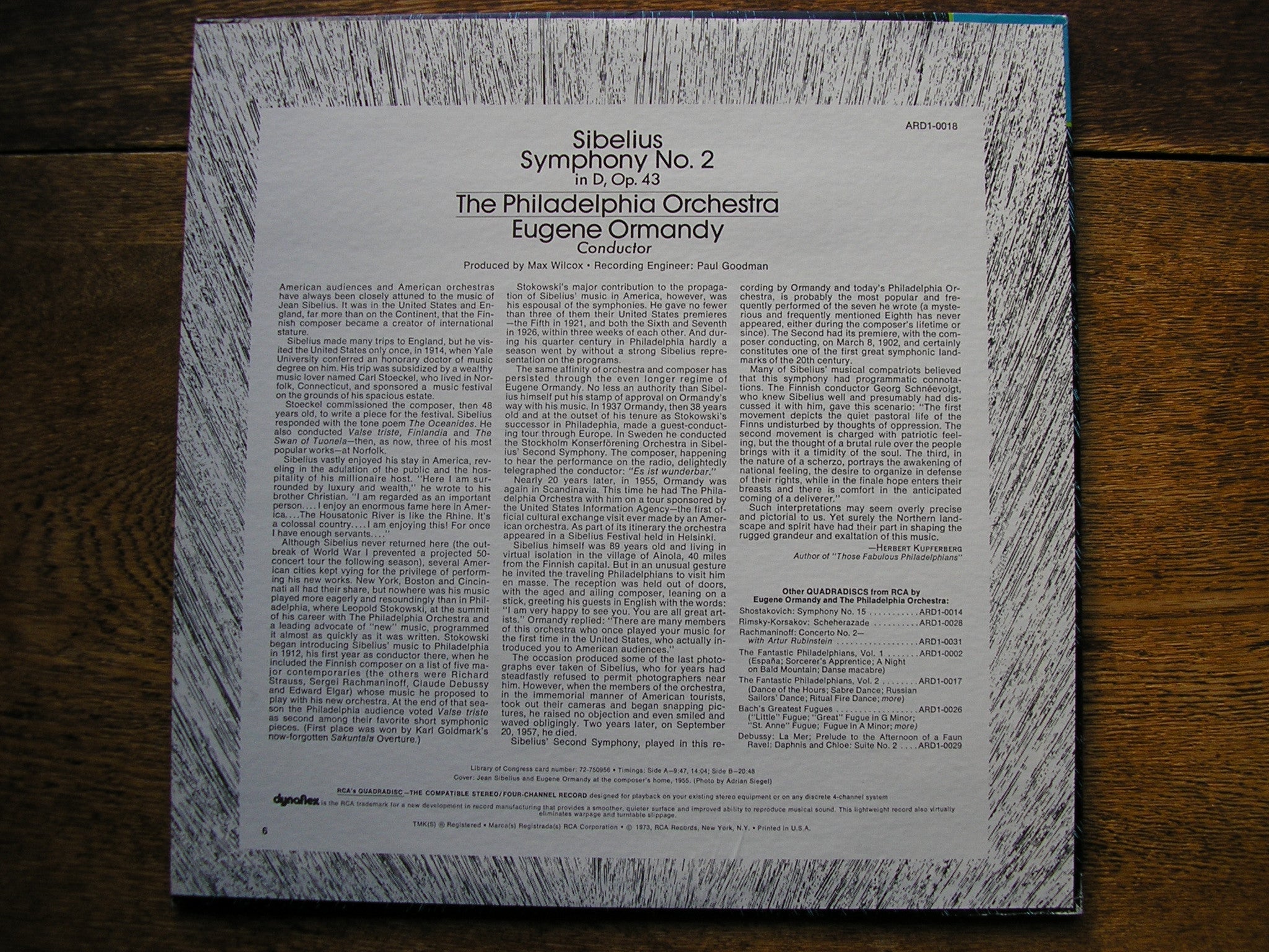 SIBELIUS: SYMPHONY No. 2  ORMANDY / PHILADELPHIA ORCHESTRA  ARD1-0018