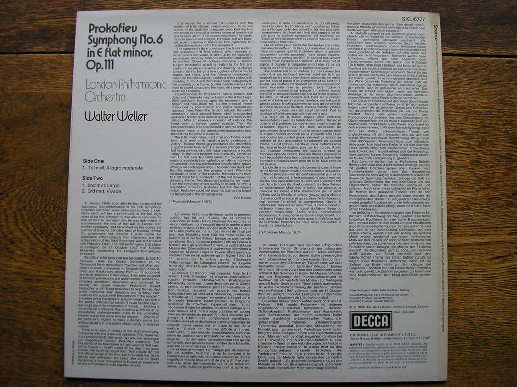 SXL 6777 PROKOFIEV: SYMPHONY No. 6 WELLER / LONDON PHILHARMONIC