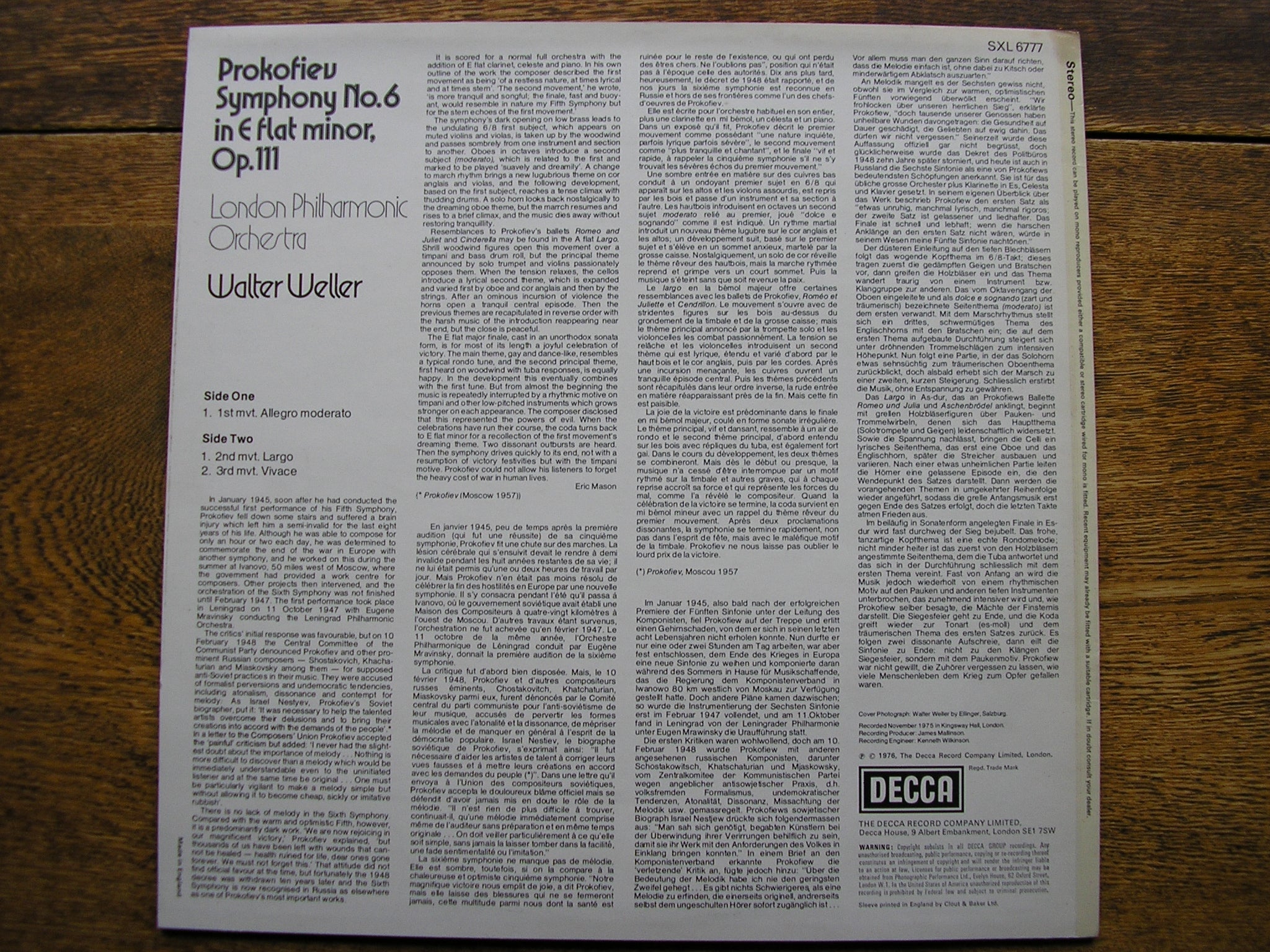SXL 6777 PROKOFIEV: SYMPHONY No. 6 WELLER / LONDON PHILHARMONIC