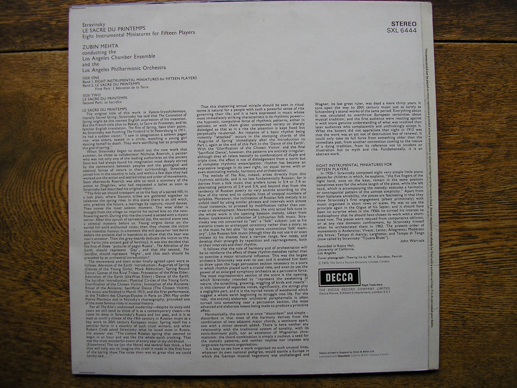 STRAVINSKY: THE RITE OF SPRING / EIGHT INSTRUMENTAL MINIATURES     MEHTA / LOS ANGELES PHILHARMONIC   SXL 6444