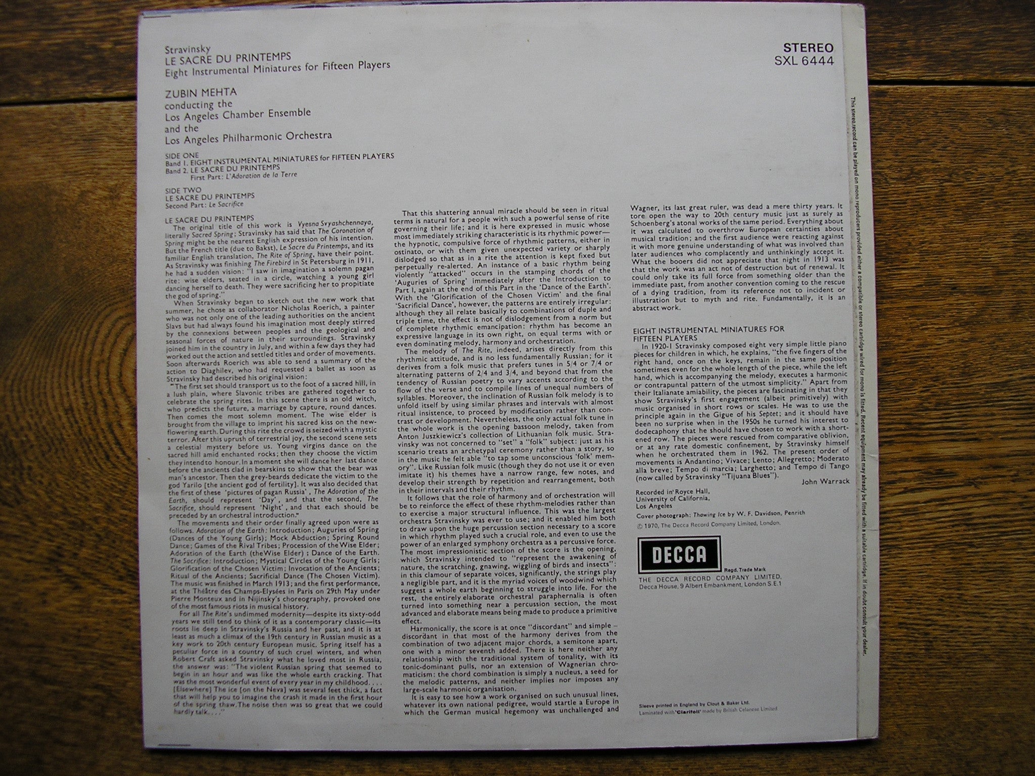 STRAVINSKY: THE RITE OF SPRING / EIGHT INSTRUMENTAL MINIATURES     MEHTA / LOS ANGELES PHILHARMONIC   SXL 6444