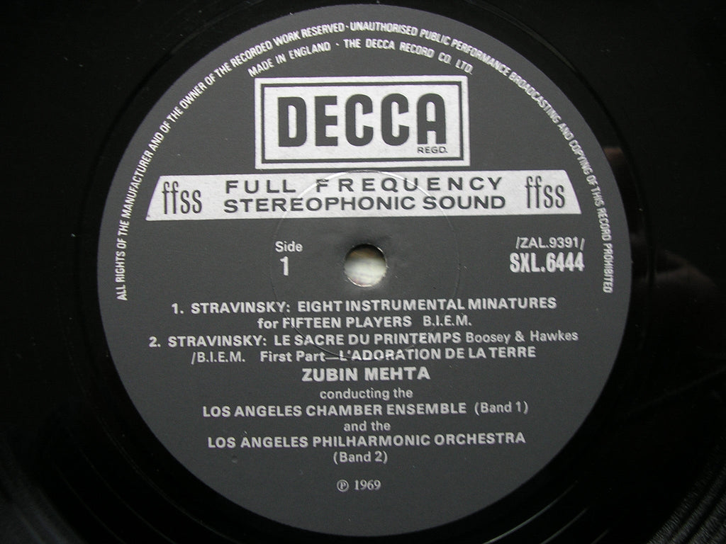 STRAVINSKY: THE RITE OF SPRING / EIGHT INSTRUMENTAL MINIATURES     MEHTA / LOS ANGELES PHILHARMONIC   SXL 6444