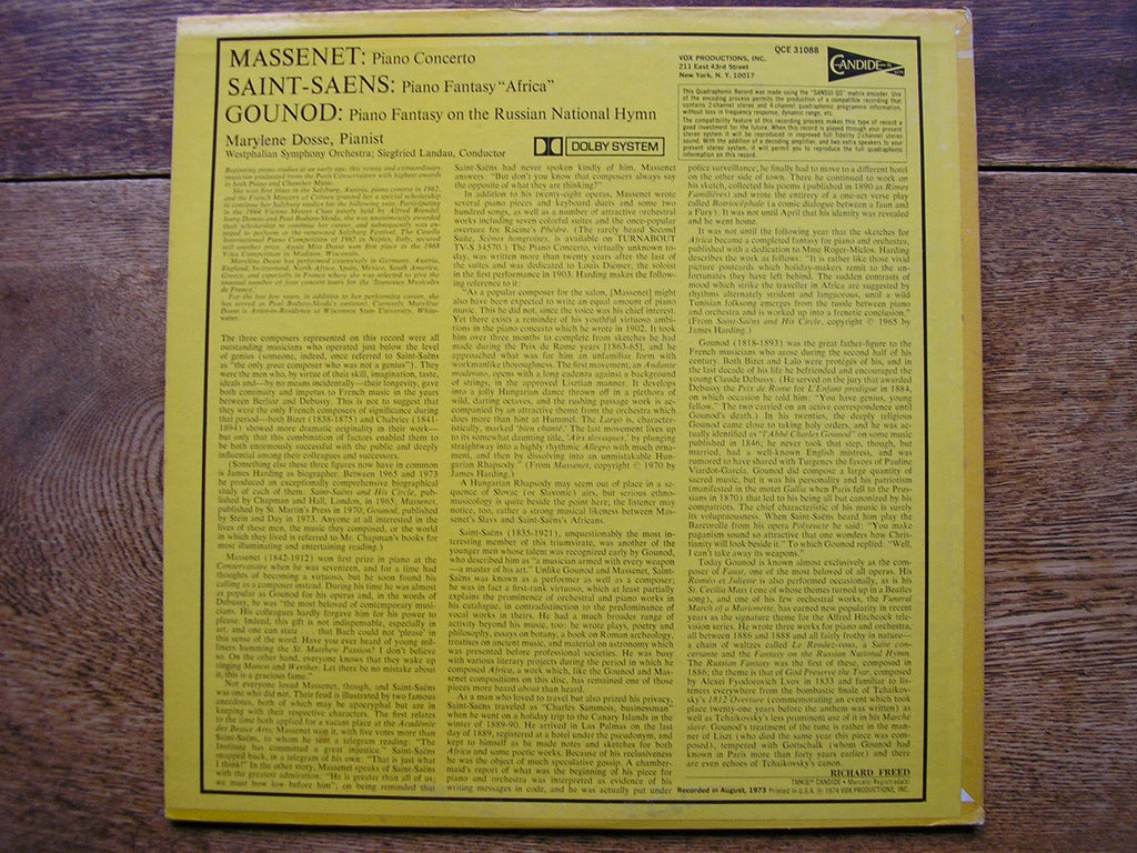 MASSENET: PIANO CONCERTO / SAINT-SAENS: FANTASY 'AFRICA' / GOUNOD: FANTASY   DOSSE / WESTPHALIAN SYMPHONY / LANDAU  QCE 31088