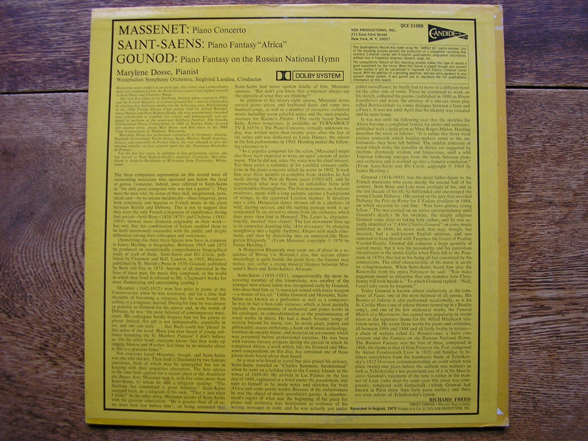 MASSENET: PIANO CONCERTO / SAINT-SAENS: FANTASY 'AFRICA' / GOUNOD: FANTASY   DOSSE / WESTPHALIAN SYMPHONY / LANDAU  QCE 31088