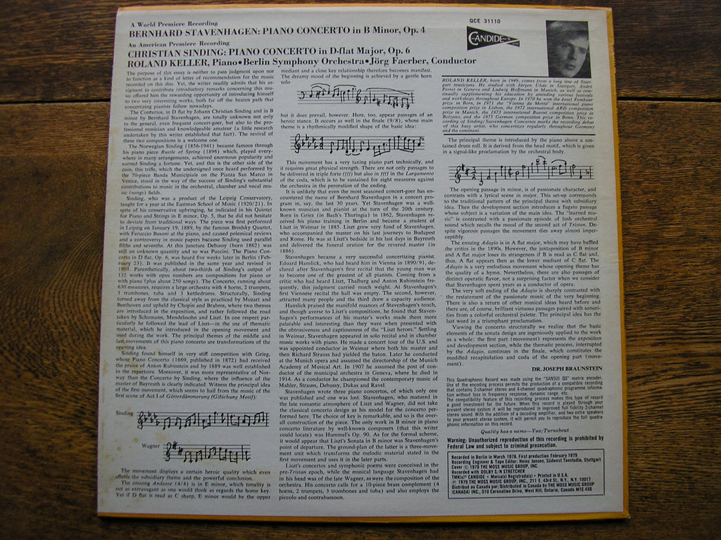 SINDING: PIANO CONCERTO / STAVENHAGEN: PIANO CONCERTO  KELLER / BERLIN SYMPHONY / FAERBER  QCE 31110