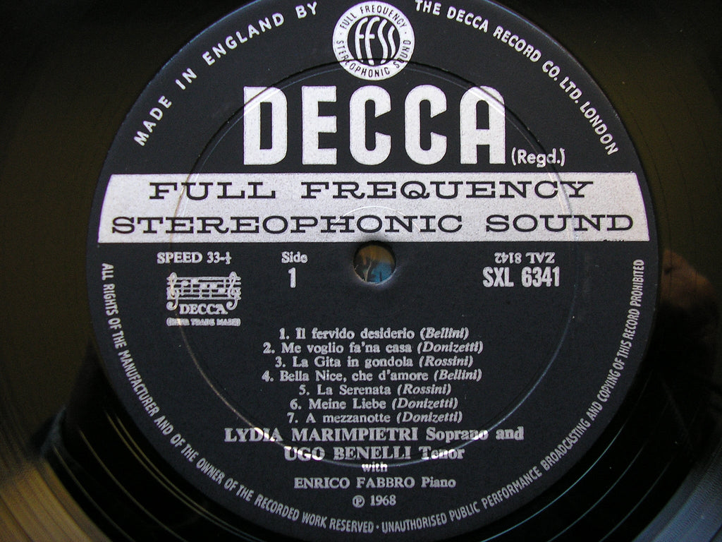 SXL 6341 ROMANTIC SONGS BY DONIZETTI / ROSSINI / BELLINI LYDIA MARIMPIETRI / UGO BENELLI / ENRICO FABBRO