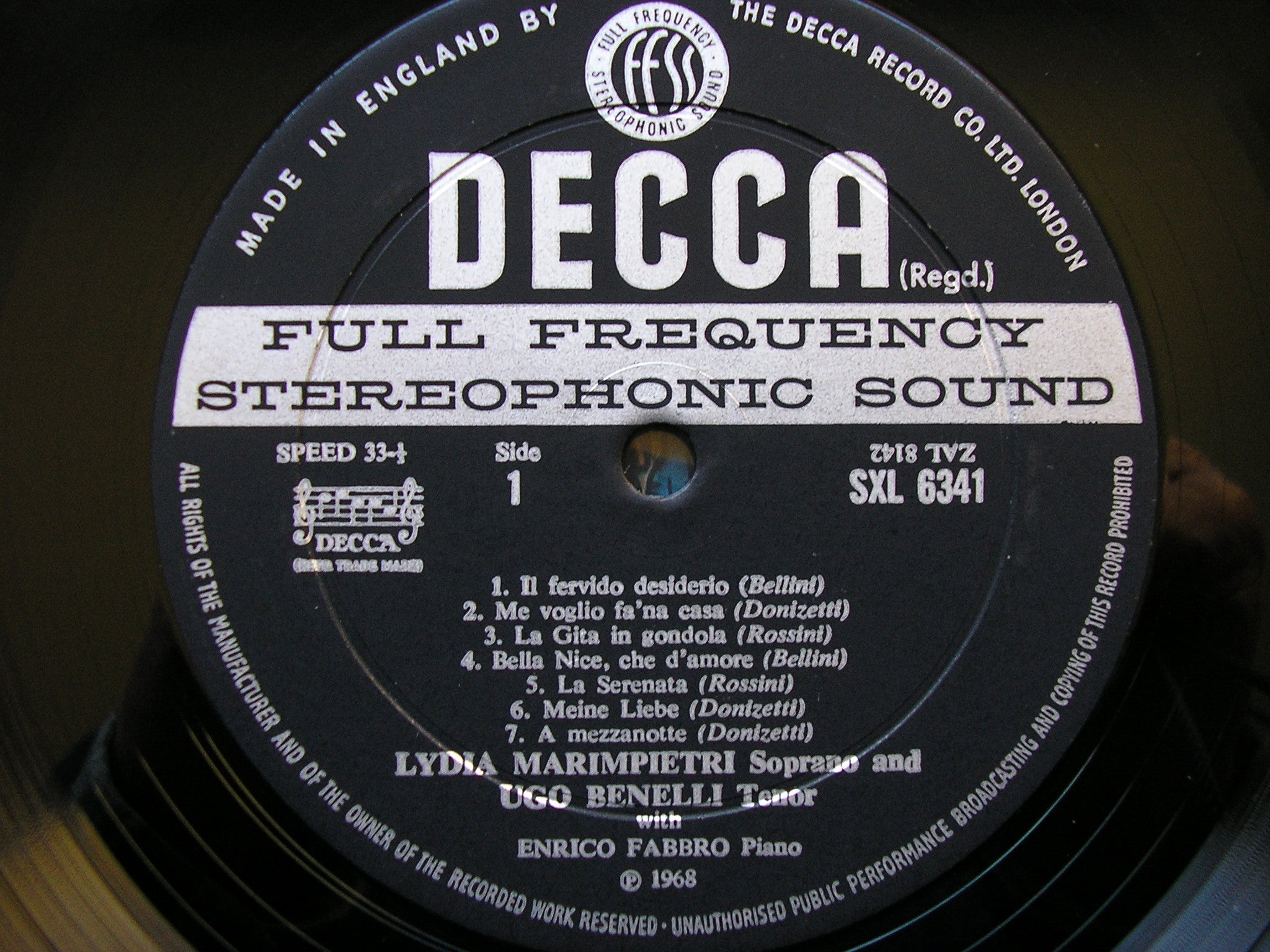 SXL 6341 ROMANTIC SONGS BY DONIZETTI / ROSSINI / BELLINI LYDIA MARIMPIETRI / UGO BENELLI / ENRICO FABBRO
