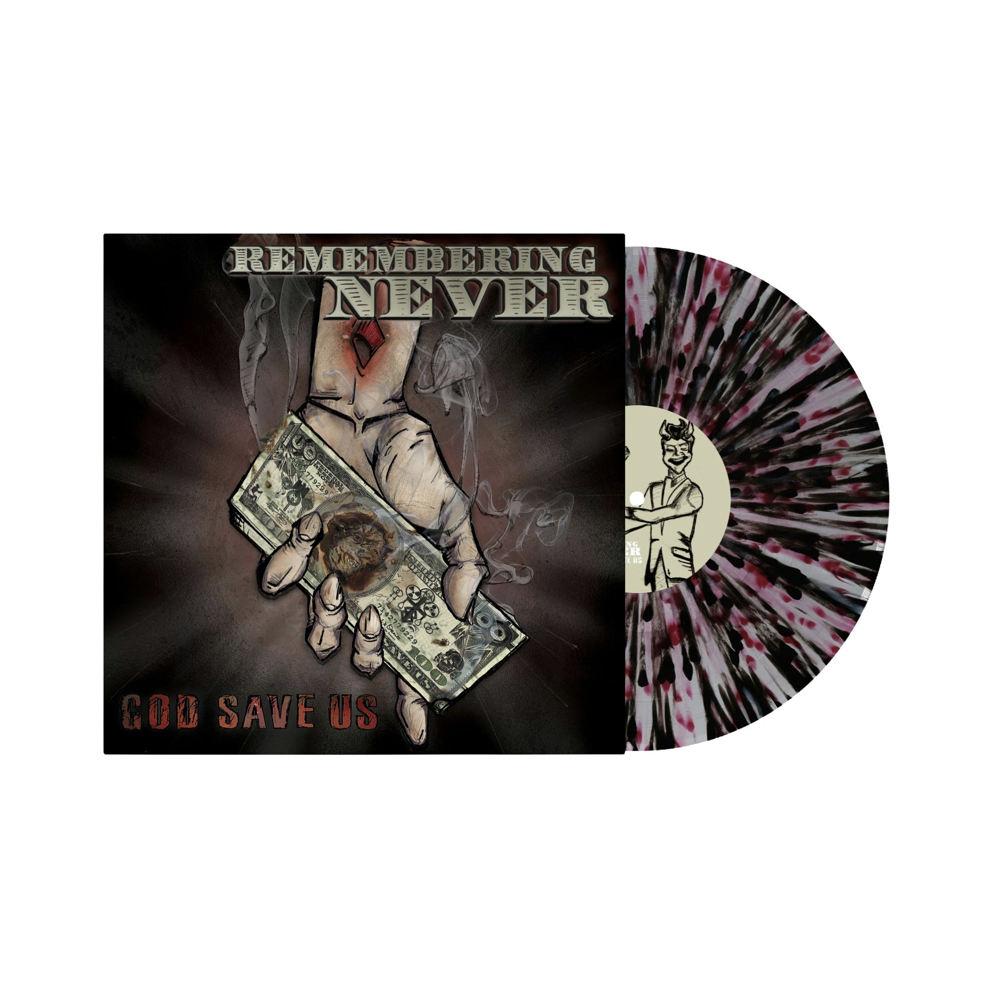 REMEMBERING NEVER ‘GOD SAVE US’ LP (Clear w/ White, Red, & Black Splatter Vinyl)