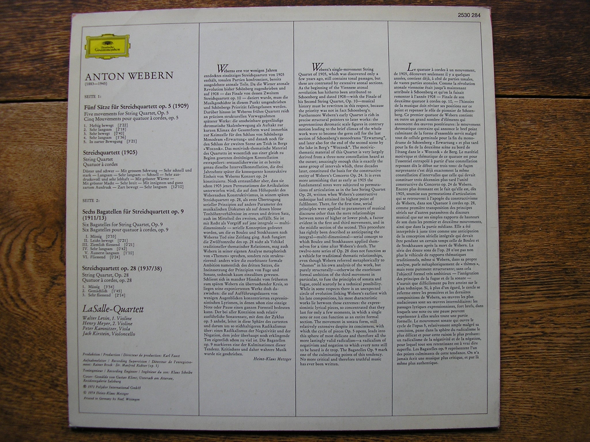 WEBERN: STRING QUARTETS / SIX BAGATELLES  LA SALLE QUARTET   2530 284