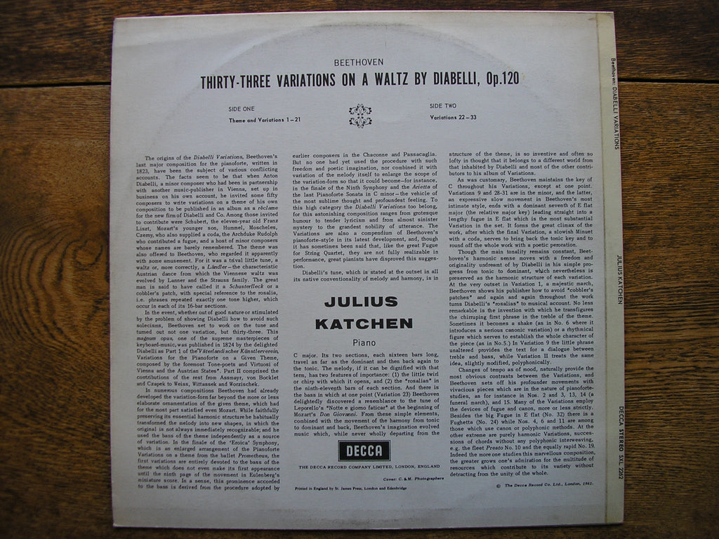 SXL 2262 BEETHOVEN: DIABELLI VARIATIONS JULIUS KATCHEN