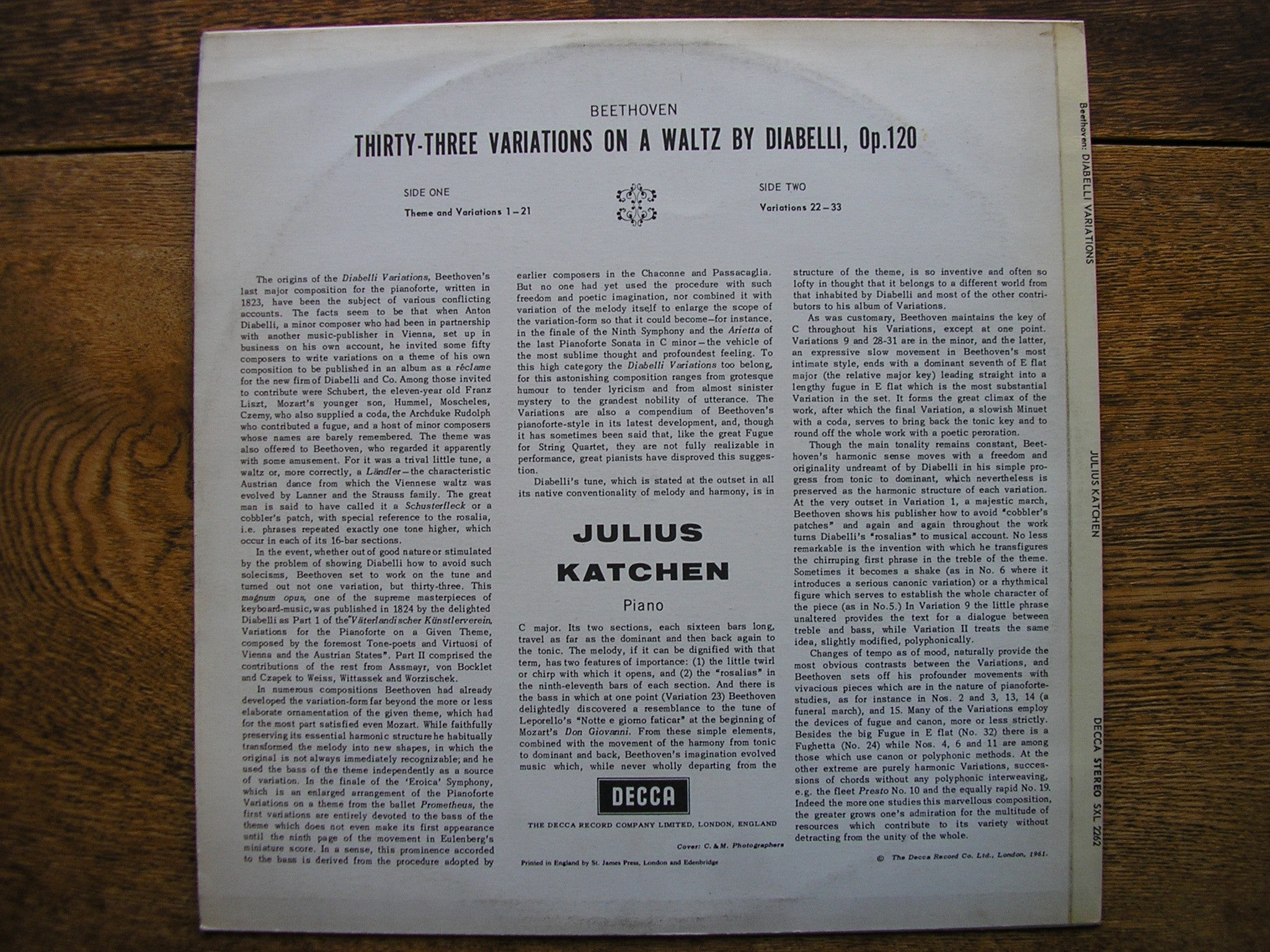 SXL 2262 BEETHOVEN: DIABELLI VARIATIONS JULIUS KATCHEN