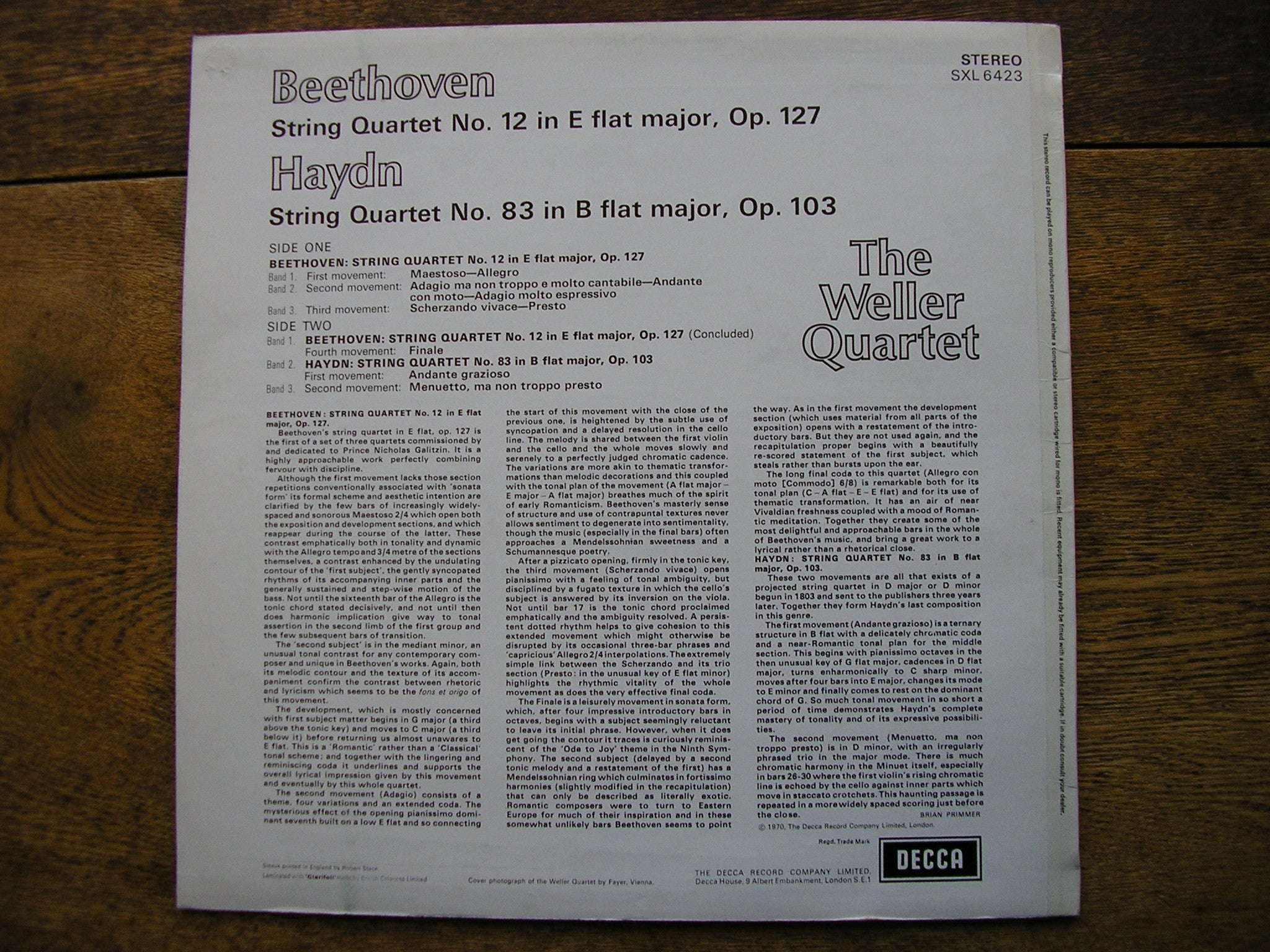 SXL 6423 BEETHOVEN / HAYDN: STRING QUARTETS THE WELLER QUARTET