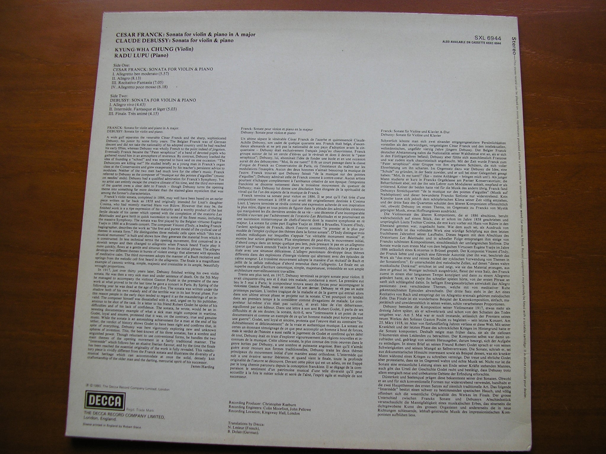 SXL 6944 FRANCK & DEBUSSY: SONATAS FOR VIOLIN & PIANO CHUNG / LUPU