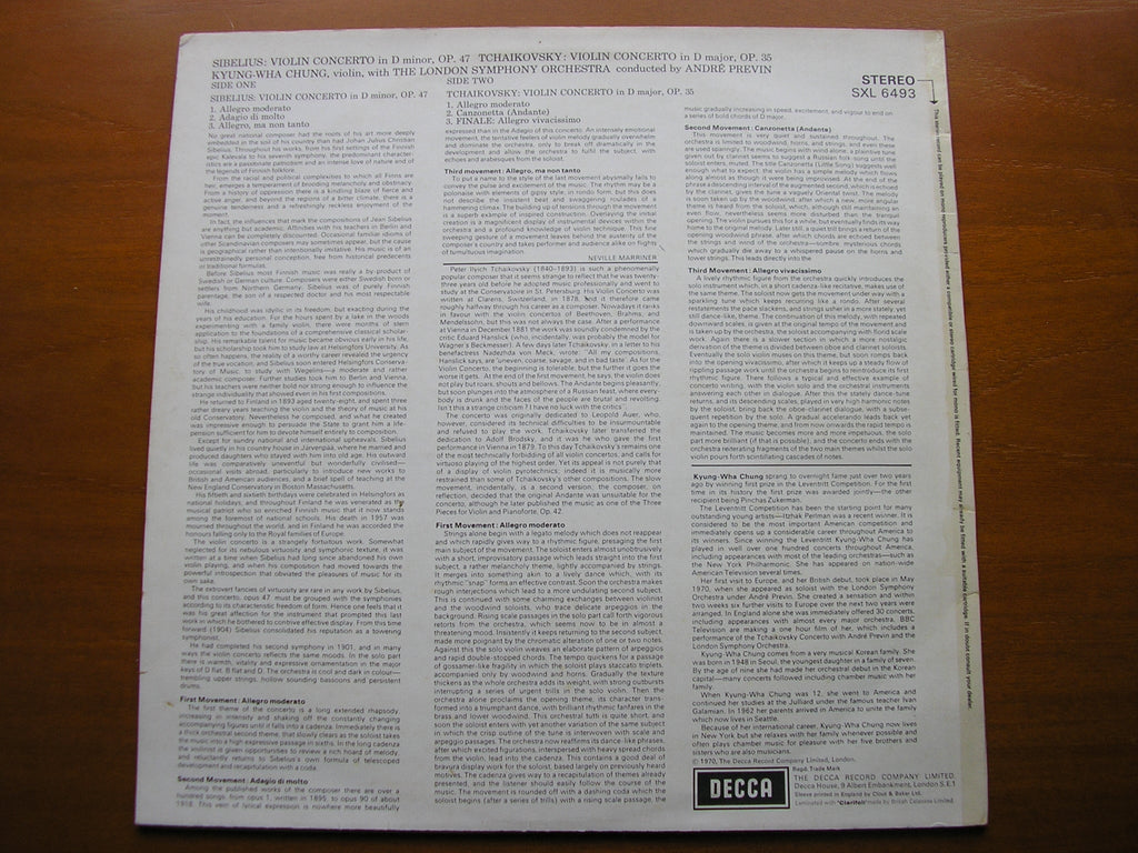 SXL 6493 TCHAIKOVSKY & SIBELIUS: VIOLIN CONCERTOS CHUNG / LONDON SYMPHONY / ANDRE PREVIN