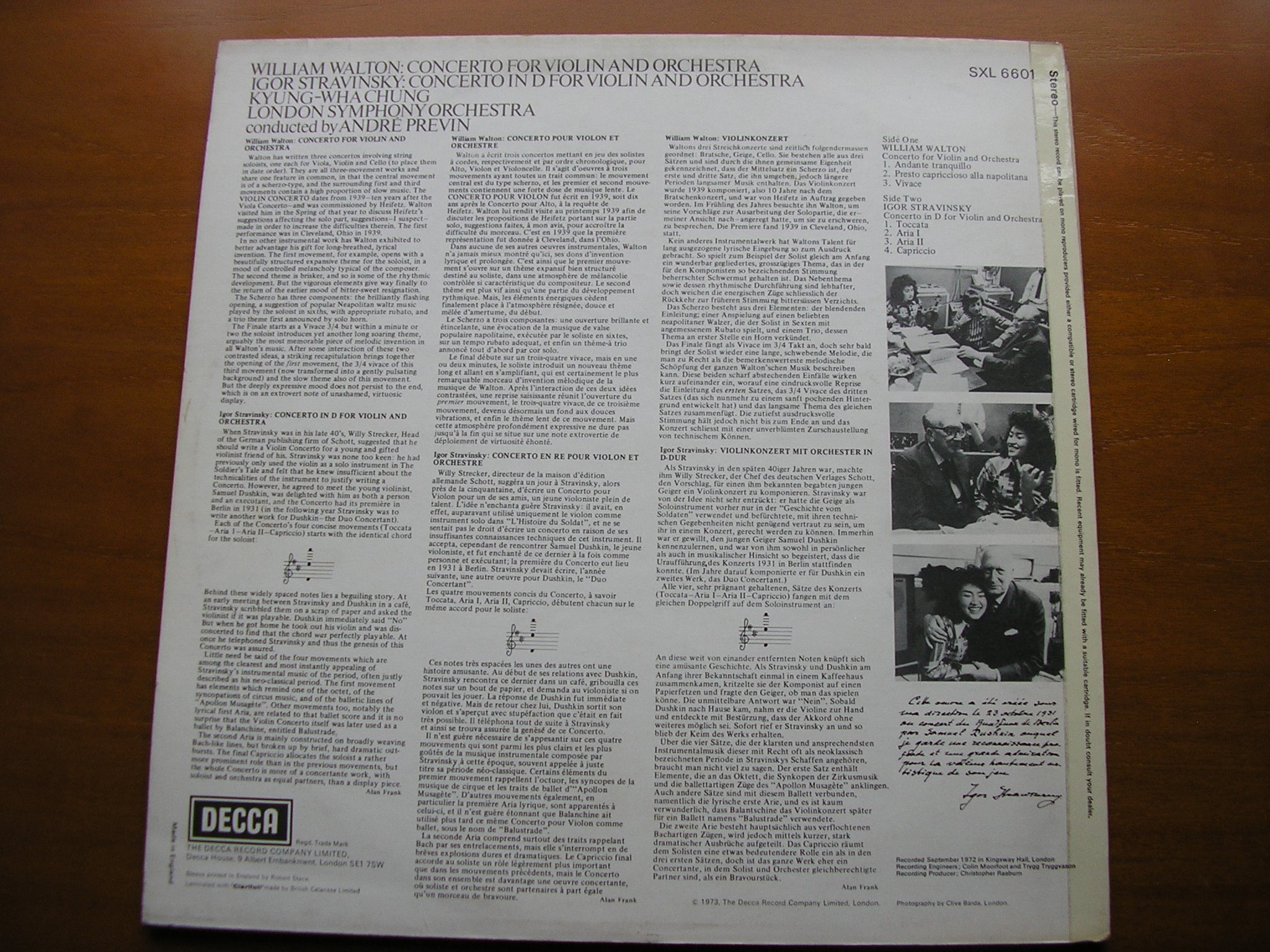 SXL 6601 WALTON & STRAVINSKY: VIOLIN CONCERTOS CHUNG / LONDON SYMPHONY / PREVIN