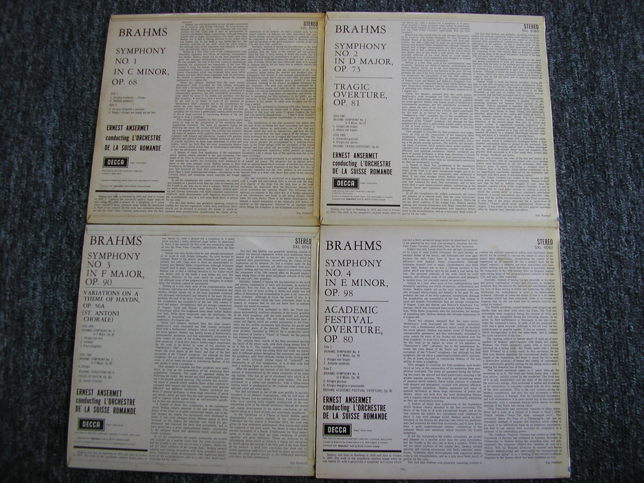 SXL 6059 / 6060 / 6061 / 6062 BRAHMS: THE FOUR SYMPHONIES / OVERTURES ANSERMET / SUISSE ROMANDE