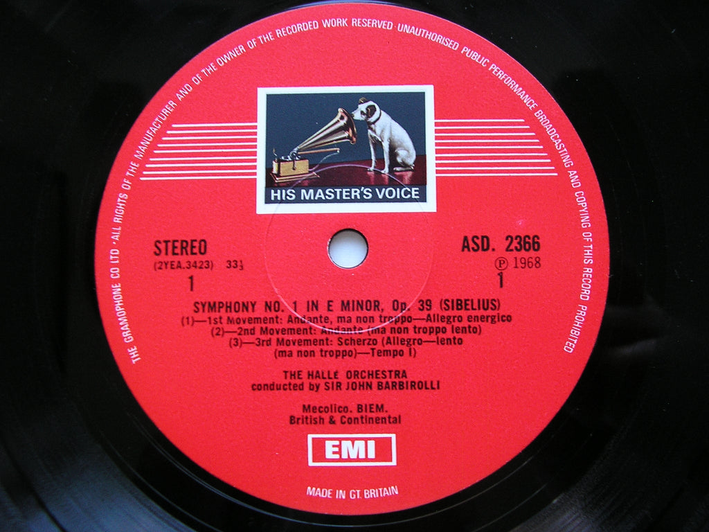 SIBELIUS: SYMPHONY No. 1 / PELLEAS & MELISANDE excerpts     BARBIROLLI / HALLE ORCHESTRA    ASD 2366