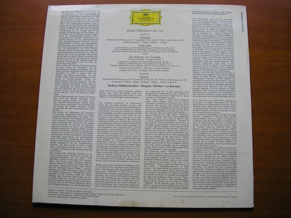 SIBELIUS: FINLANDIA / VALSE TRISTE / TAPIOLA / THE SWAN     KARAJAN / BERLIN PHILHARMONIC     139 016