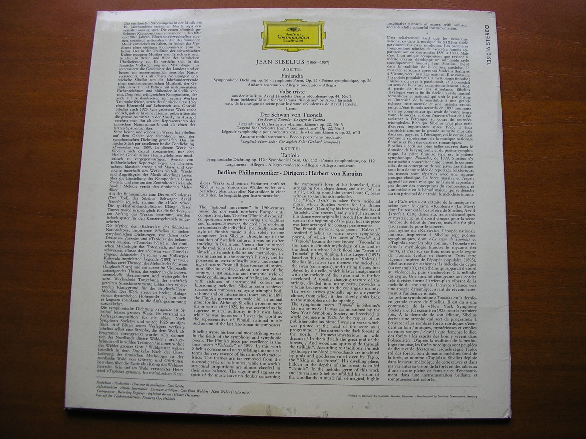 SIBELIUS: FINLANDIA / VALSE TRISTE / TAPIOLA / THE SWAN     KARAJAN / BERLIN PHILHARMONIC     139 016