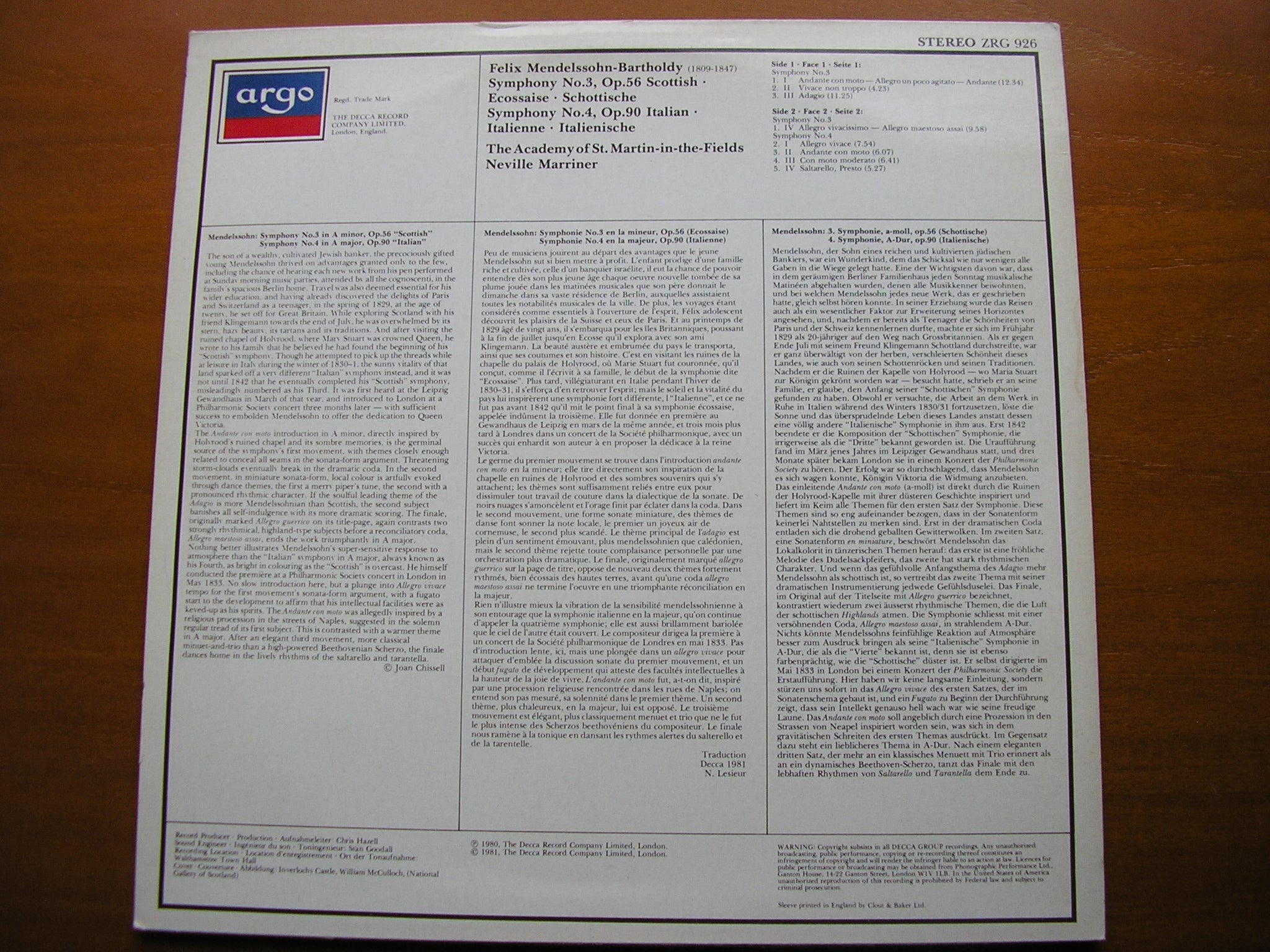 MENDELSSOHN: SYMPHONIES Nos. 3 & 4     MARRINER / ASMIF     ZRG 926