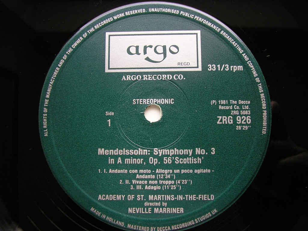 MENDELSSOHN: SYMPHONIES Nos. 3 & 4     MARRINER / ASMIF     ZRG 926