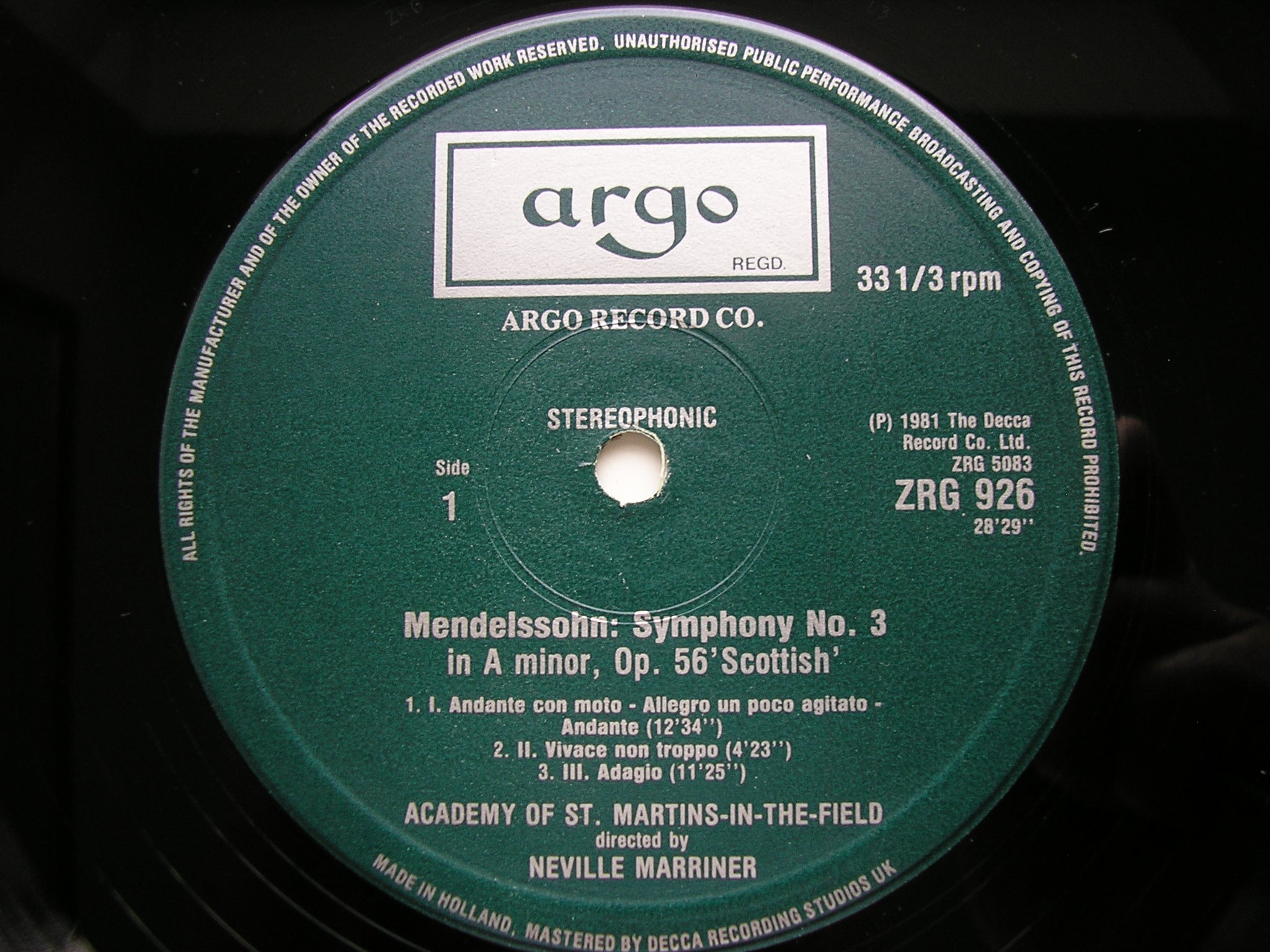MENDELSSOHN: SYMPHONIES Nos. 3 & 4     MARRINER / ASMIF     ZRG 926